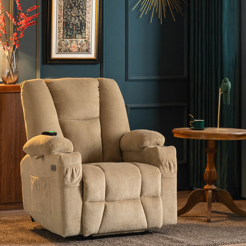 Fabric Electric Power Recliner Chair with Heat and Massage, USB Charge Ports, Extended Footrest, Beige Polyester Blend