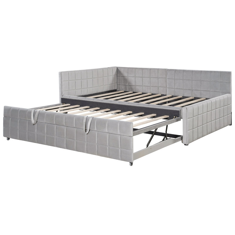 Upholstered L-Shaped Upholstered Daybed With Pop Up Trundle And USB Ports, Gray