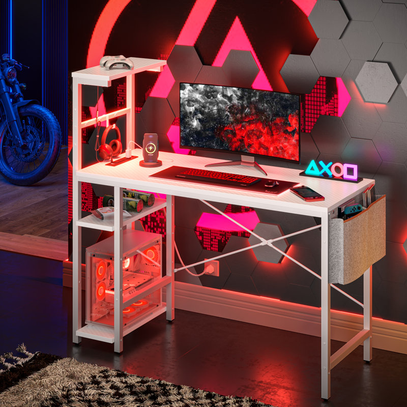 Johnothan LED Gaming Desk with Power Outlet,Computer Desk with Three Levels of Adjustable Shelves, White
