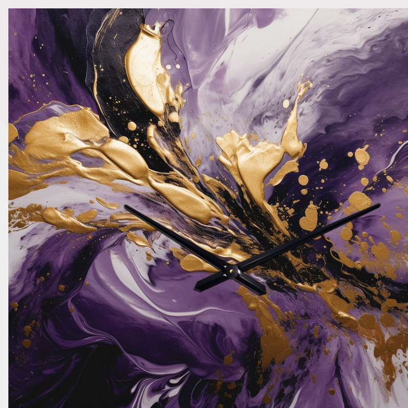 Mauve et or liquide Magic II - horloge murale abstraite de forme unique en métal, impression d'horloge murale asymétrique moderne