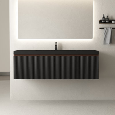 Meuble-lavabo mural simple 48 po avec lavabo, armoire flottante en résine avec porte à fermeture en douceur et rangement pour tiroir, pré-assemblé, noir