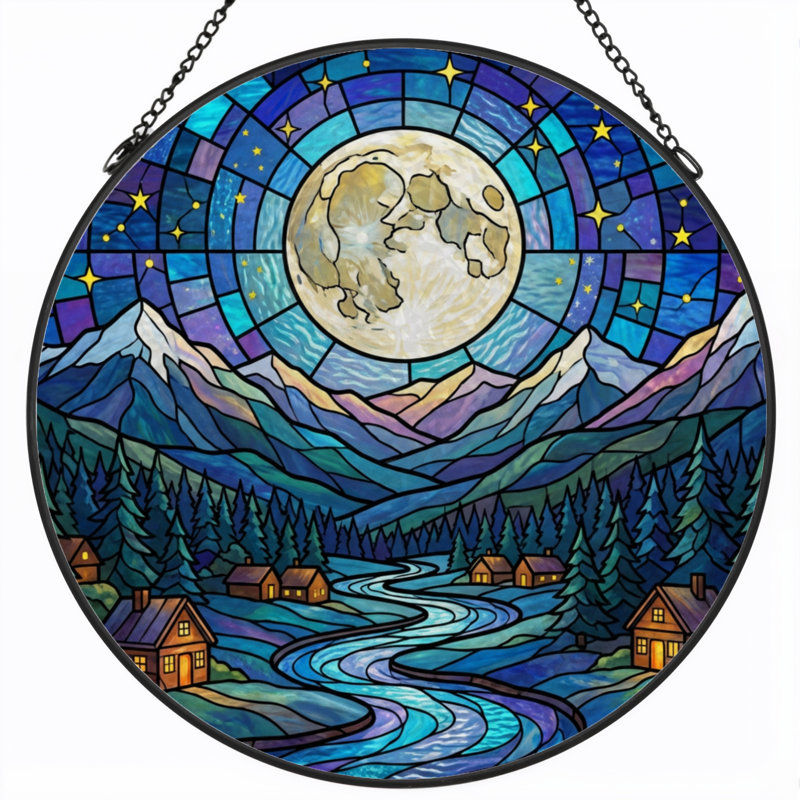 Panneau de vitrail 12 "H Moonlit Mountains, H 12 po x l 12 po