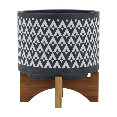 Pot à fleurs en céramique de 8 po sur support en bois, gris - convient à la chambre à coucher, au jardin, à la piscine, au pot de qualité avec support pour plantes