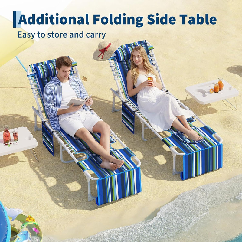 Chaise longue de bronzage pliante 3 en 1 avec trou pour le visage, méridienne inclinable extérieure à 5 positions avec table d'appoint et coussin amovible pour la plage, la piscine, le patio et la pelouse