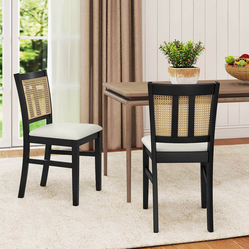 Farmhouse Rattan Dining Chair Set of 2 Fabric Upholstered Kitchen Chairs, 2