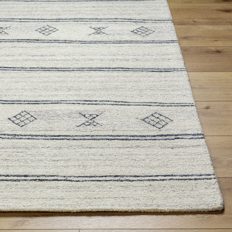 Rectangle Milada Striped Hand Tufted Wool Area Rug in Black/Beige, Rectangle 2' x 3'