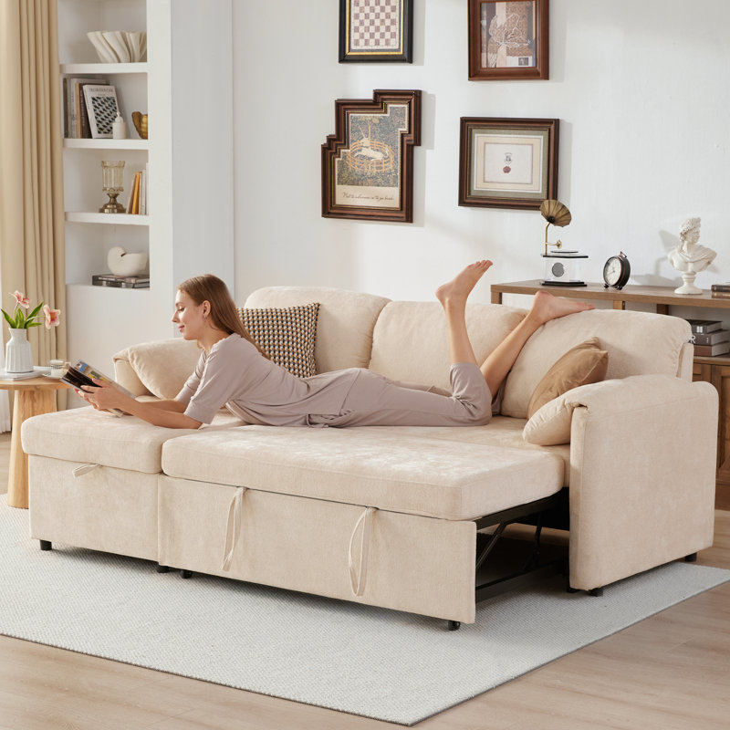 Canapé-lit rembourré 83,3 po avec rangement USB, Chenille beige