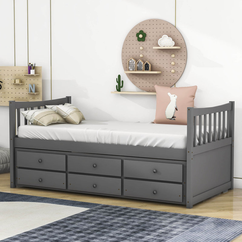 Twin Storage Platform Bed with Trundle and Drawers, Gray