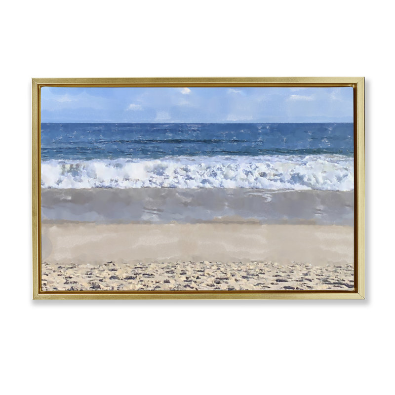 «Sunny Beach Day Coast Floater», art mural par Jeff Pica, H 21 po x l 31 po, Cadre flottant métallique doré