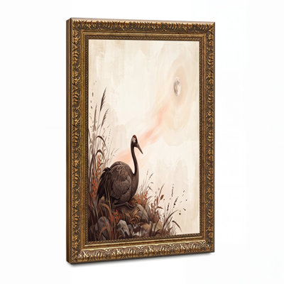 Sandhill Crane Standing in Tall Grass Under Moon Canvas Wall Art