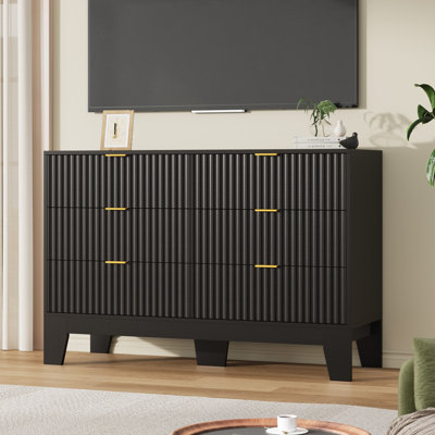 6 Drawer Dresser for Bedroom, 47" Wide Fluted Chest of Drawers with Metal Handle, Modern Wooden TV Stand, Clothes Storage Organizer for Hallway, Black