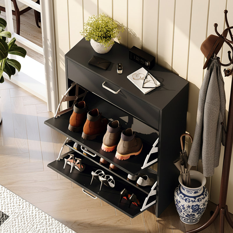 Hidden Shoe Cabinet With 3 Flip Drop-Down Door White & Oak, Black