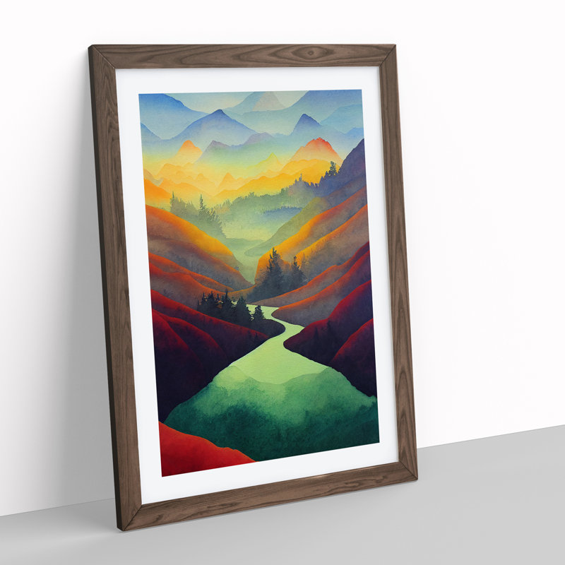 River Landscape Colourful No.1 - Framed Print, 64cm H x 46cm W x 2cm D, Walnut
