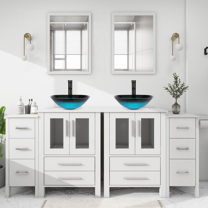 Naseer 72" Double Bathroom Vanity Set with Glass Sink Top, Water Saving Faucet, White, White