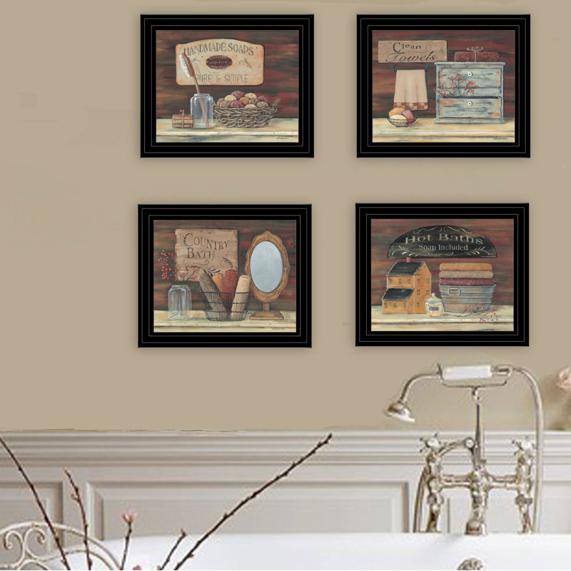 «Bathroom I» par Pam Britton - Ensemble de 4 reproductions d'art sur papier, Encadré noir / blanc