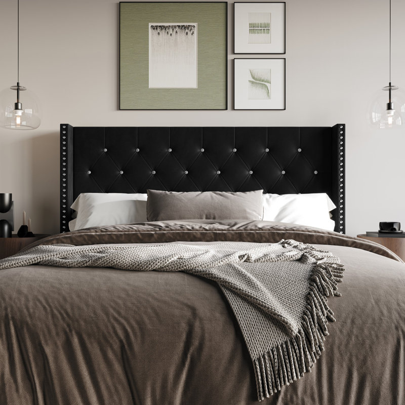 Gretna Tufted Upholstered Velvet Headboard, Black, King
