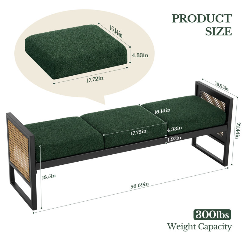 Banc rembourré 56,7 po avec accoudoirs décoratifs en rotin PE Boucle, Vert foncé