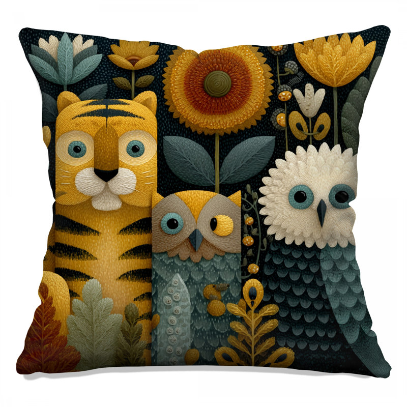 Tiger Owl Illustration Double Sided Throw Pillows, 16 x 16 inches