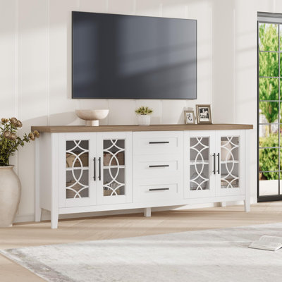 Meuble télé 63 po pour téléviseur de 70 po ou moins, meuble télé en bois avec portes en verre, 3 tiroirs et tablettes réglables, meuble télé rustique pour le salon ou la chambre à coucher