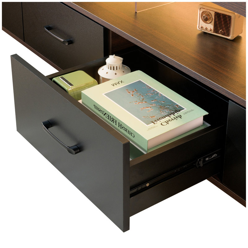 Meuble télé à 4 tiroirs pour téléviseur avec porte d'armoire à écran plat , Noyer + noir