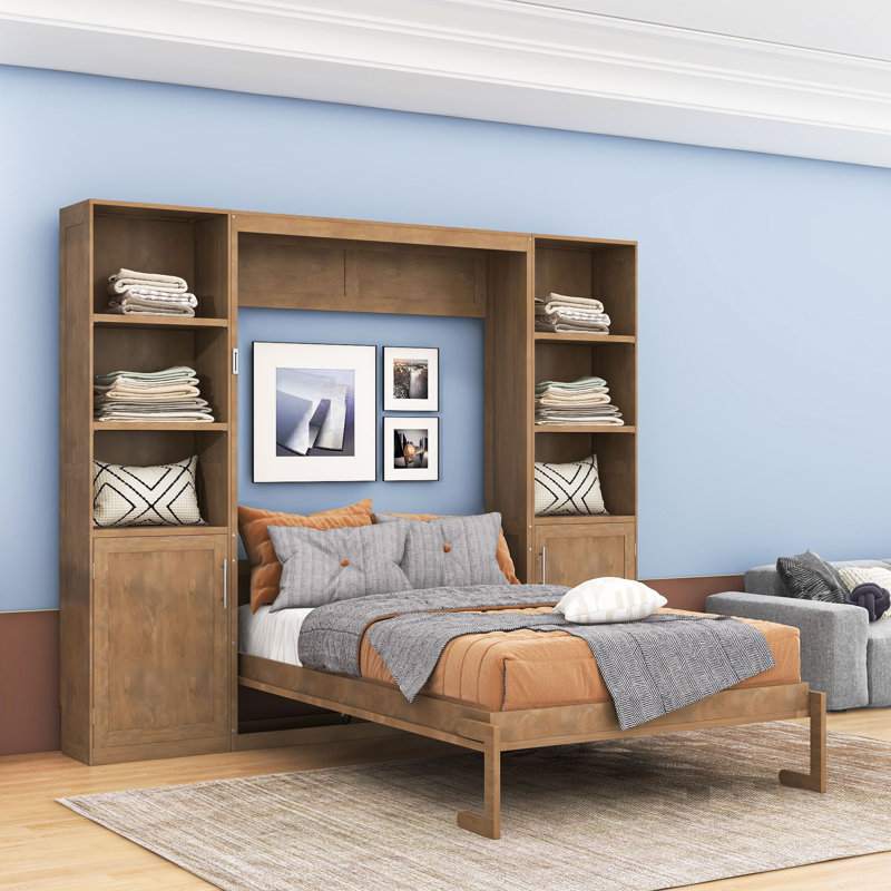Grand lit escamotable à cadre en bois avec tablettes et armoires