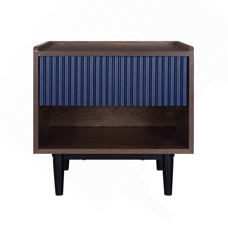 Table de chevet Mid-Century moderne avec tiroir pleine extension et tablette bleu marine Duane, Brun foncé / bleu marine