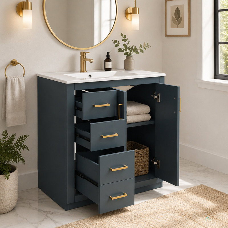 Ensemble de meuble-lavabo 30 po avec lavabo en céramique, armoire de rangement en bois massif, ensemble de meuble-lavabo autoportant avec 3 tiroirs et portes à fermeture douce