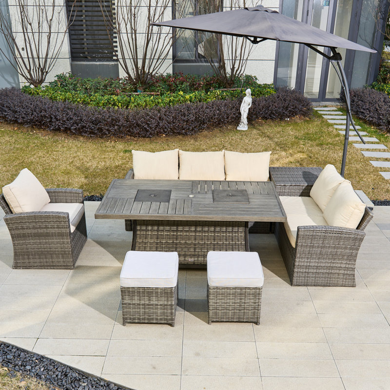 8 - Person Patio Dining Set with Rectangular Table , Cushions Included, Grey