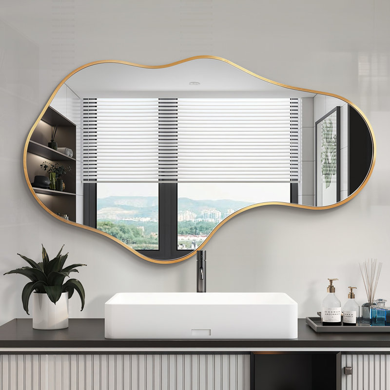 Irregular Wall Mirror, Asymmetrical Bathroom Vanity Mirror with Metal Frame, Modern Decorative Mirror, 100 cm H x 60 cm W