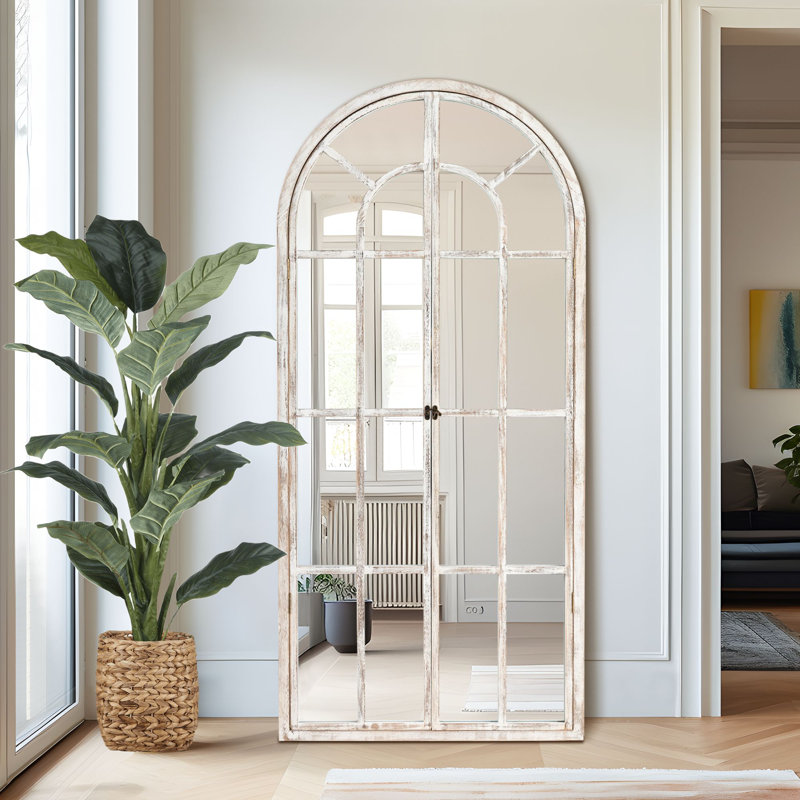 71"×31" Arch Wood Full Length Wall Mirror with Window Pane Frame, Weathered White