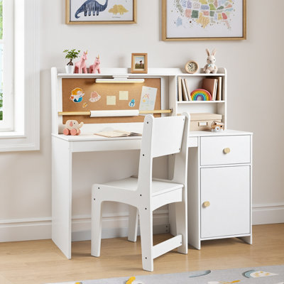 Ensemble de bureau et chaise pour enfants avec huche de rangement, lumière DEL, rouleau de papier à dessin, babillard, tiroir et armoire