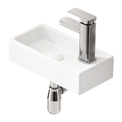 Ceramic Sink : White Porcelain Basin, Silver Faucet & Drain, Space For Small Bathrooms, Powder Rooms, Space-Constrained Areas Compact Bathroom , Tiny Homes, Guest Toilets