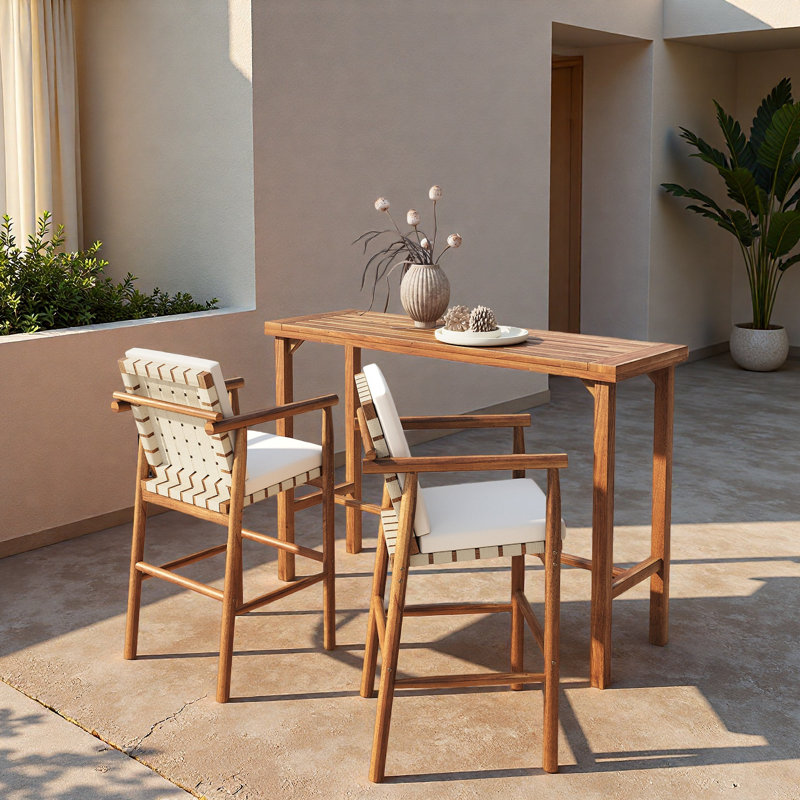 Ensemble de bar d'extérieur 3 pièces, table de patio en bois d'acacia et 2 tabourets avec coussins