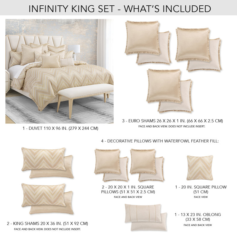 Infinity Duvet Set - Gold, King Duvet + 5 Shams + 4 Throw Pillows