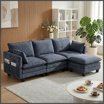 Ensemble de canapé moderne en chenille bleu gris, canapé 3 places avec repose-pieds individuel assorti, mobilier de salon modulaire avec ports USB intégrés et poches latérales.