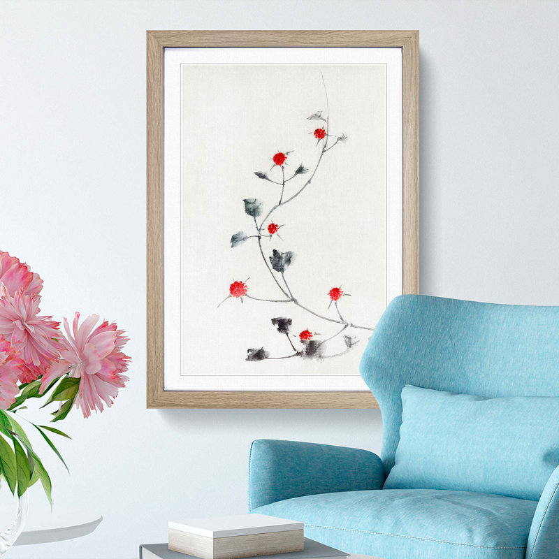 Small Red Blossoms on a Vine by Katsushika Hokusai - Picture Frame Painting Print, 36cm H x 27cm W x 2cm D, Oak Framed