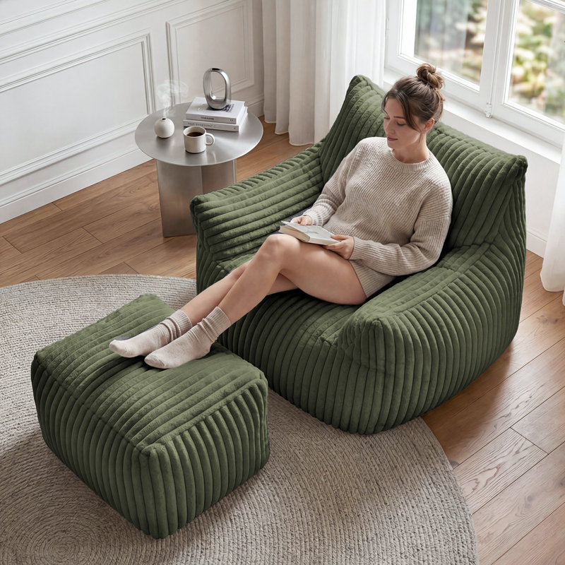Fauteuil à billes surdimensionné en mousse de velours côtelé avec repose-pieds, Vert