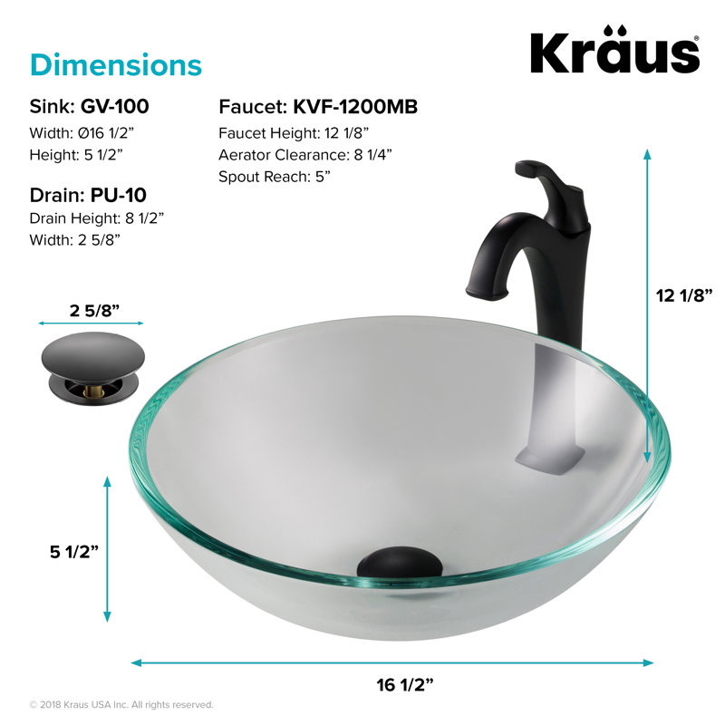 Glass Circular Vessel Bathroom Sink with Faucet, Matte Black