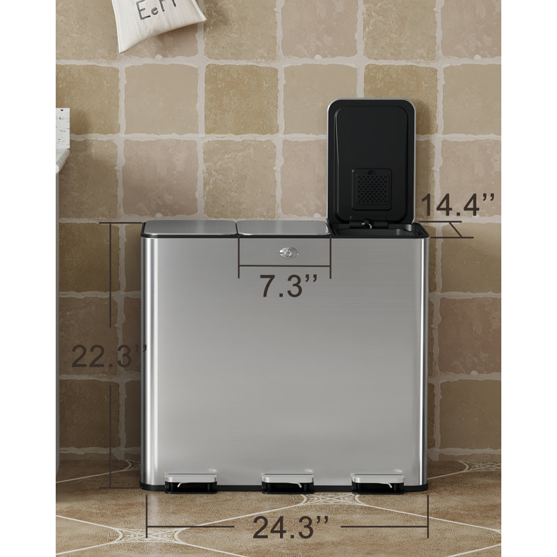 Stainless Steel Step On Multi-Compartment Rubbish & Recycling Bin - 56.8L