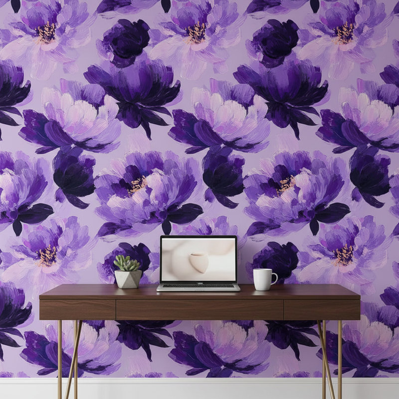 Papier peint floral, décoration murale artistique mauve