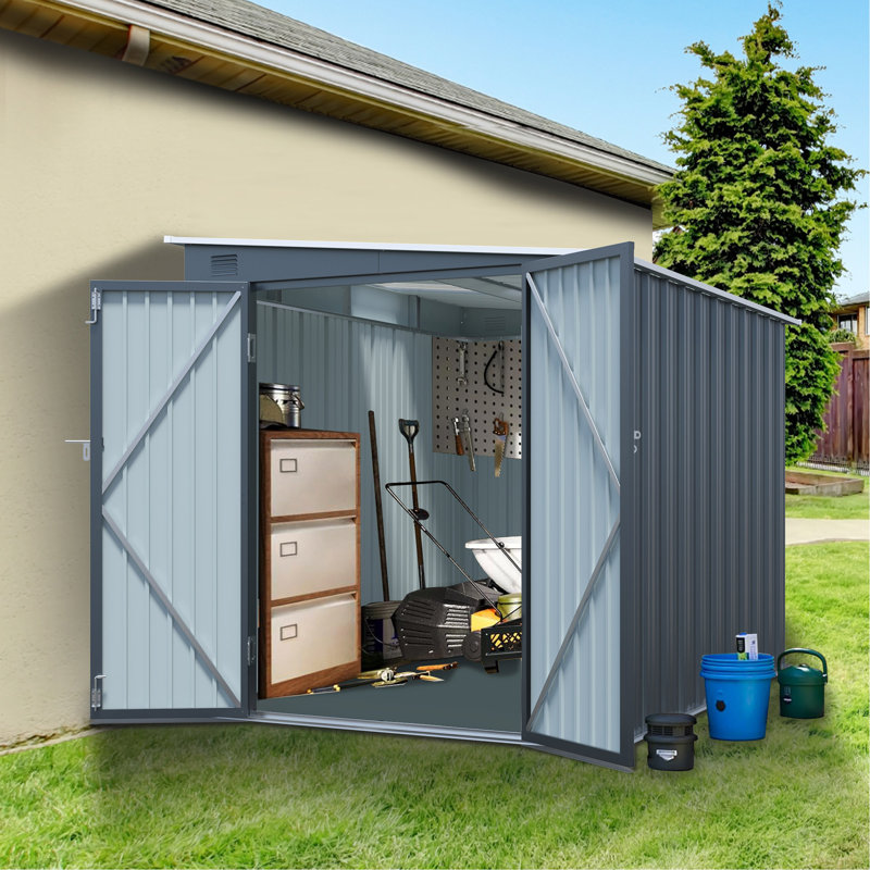 Remise de rangement extérieure en acier galvanisé de 6 x 8 pi avec portes doubles verrouillables, inclinaison en métal avec panneau d'éclairage PC gratuit pour les outils, les vélos et les essentiels de patio (sans les planchers)