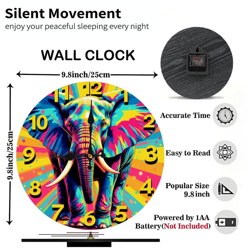 Colorful Elephant Wall Art Clock for Home Decor