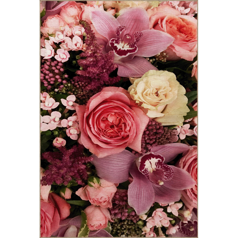 Tapis décoratif moderne mauve-rose à motif de roses et de fleurs, Rectangle 5 pi 1,02 po x 7 pi 6,55 po