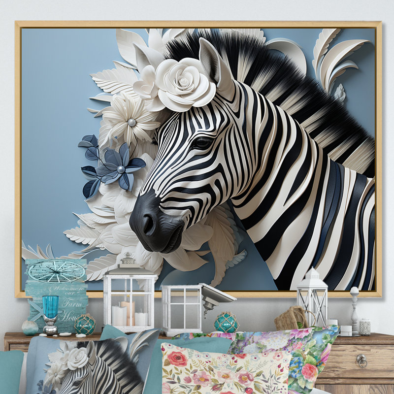 Zèbre noir et bleu de couleur pop III sur toile, Cadre naturel flottant, H 34 po x l 44 po x P 1,5 po