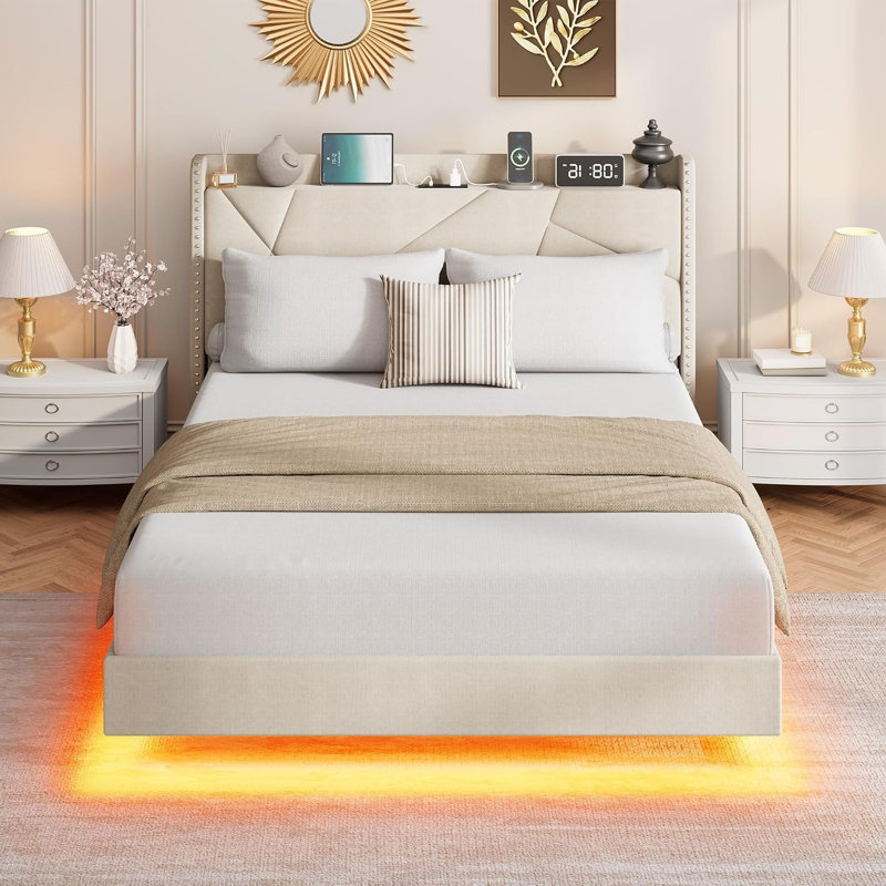 Structure de lit flottant double avec lumières DEL et station de charge, lits plateforme rembourrés avec tête de lit et tablettes de rangement pliantes, support de lattes en métal, aucun sommier nécessaire, beige