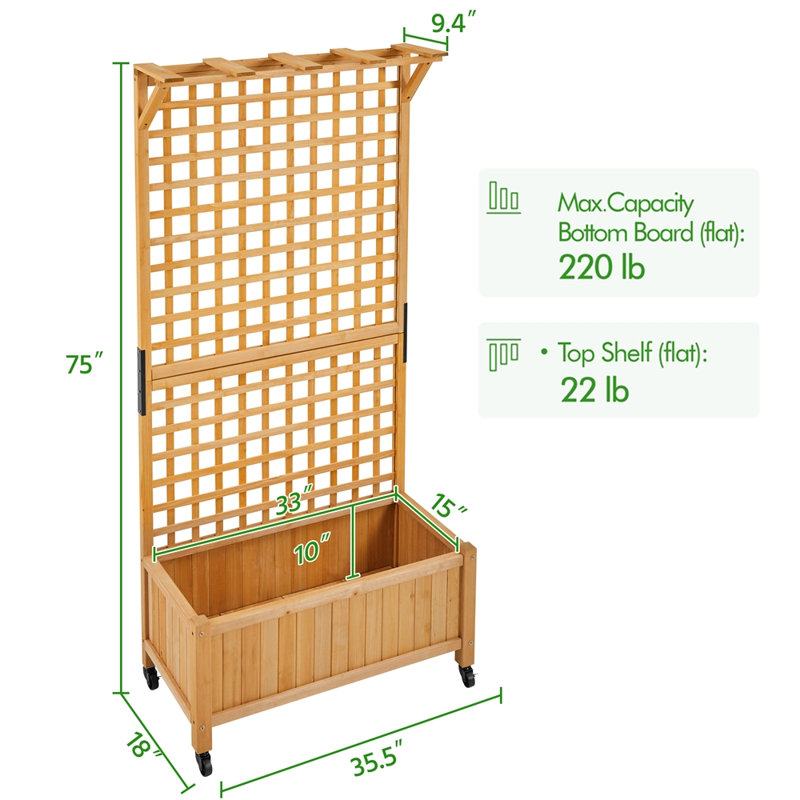 Handmade 72″ H × 35.5″ W Fir Wood Planter Box with Trellis and Wheels, Light Brown