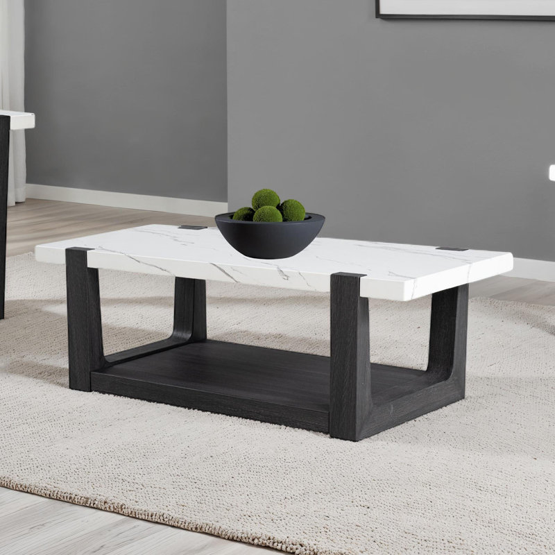 Moderne moderne 48 "rectangulaire 2 niveaux Céline avec cadre en bois aggloméré noir et plateau en faux marbre, Noir