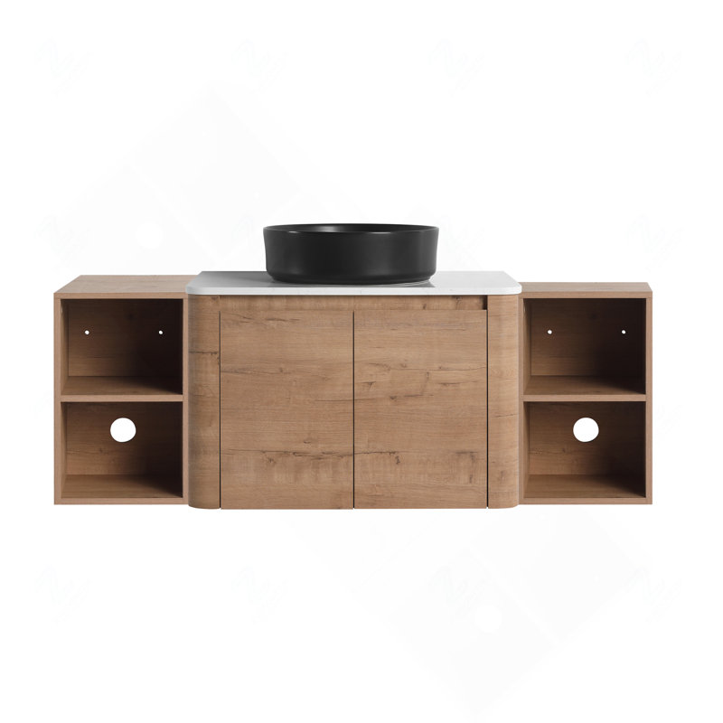 Meuble-lavabo mural 54 po en contreplaqué avec vasque en céramique, 2 tablettes de rangement et 2 portes à fermeture en douceur