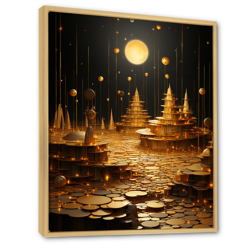 Temple d'or de la pleine lune dorée - impression, Cadre naturel flottant, H 32 po x l 24 po x P 1 po