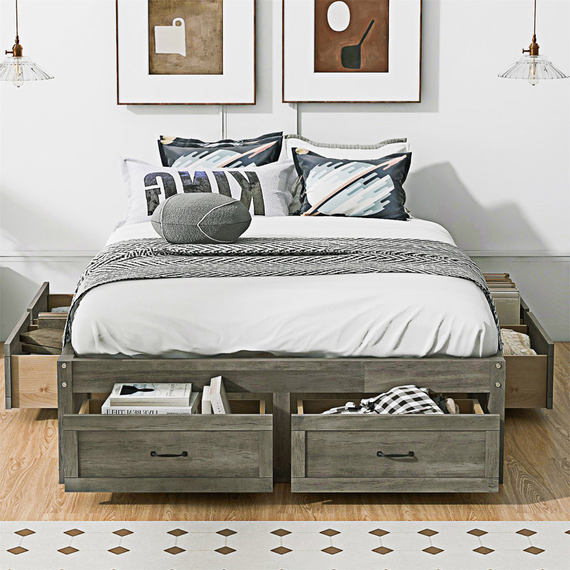 6 Drawers Storage Platform Bed, Queen, Antique Gray